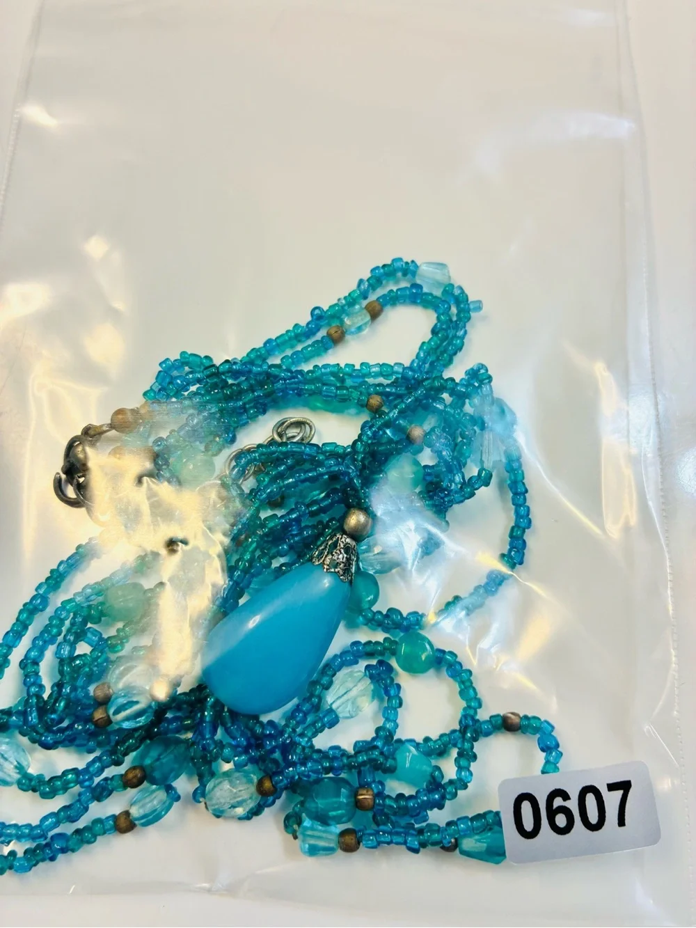 Aqua Blue Multi-Strand Tassel Necklace with Teardrop Pendant - Women Jewelry